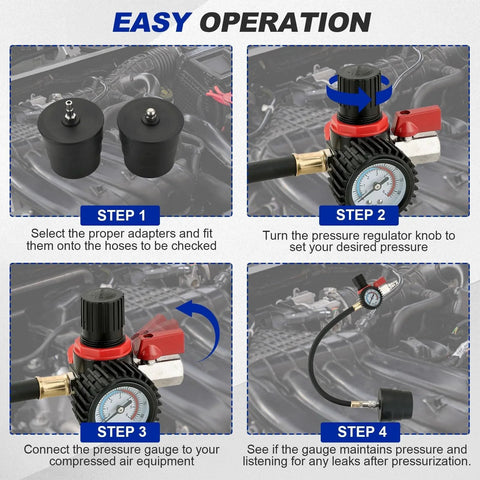 Step-by-step guide for using Turbo System Leakage Tester Kit DASBET with 4 adapters and pressure regulator on car engine