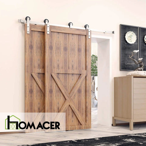 Brushed Nickel Single Track Bypass Sliding Barn Door Hardware Kit For Double Doors With 10ft Flat Track And Straight Design Rollers