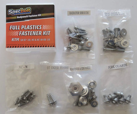 Full Plastics Body Fastener Bolt Kit Fits 50 65 85 105 125 200 250 300 450 505 SX 07 10 And XC XC-W 08 10 Complete OEM Style Replacement Fastener Set For Plastic Panels with labeled bags of fasteners and main packaging visible