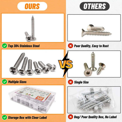 Comparison of stainless steel screw set with black finish vs others, highlighting quality, size variety, and rust resistance.