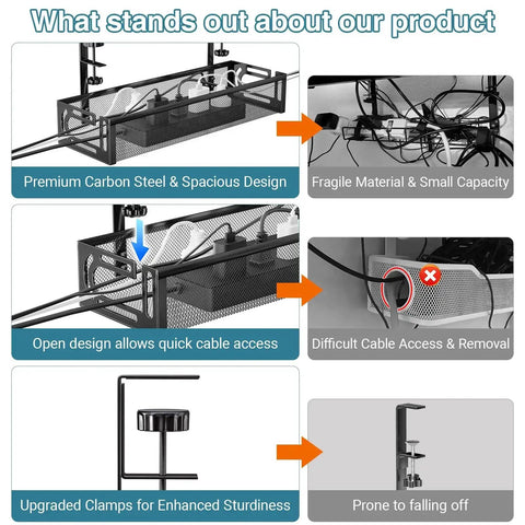 Comparison image showing No Drill Under Desk Cable Tray with Clamp Mount Fifteen Point Seven Inch Cord Organizer and competing designs.