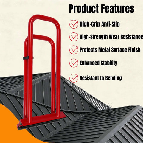 Dual Stage Hand Seamer for Standing Seam Roofing with anti-slip red grip and durability features, shown on black metal surface.