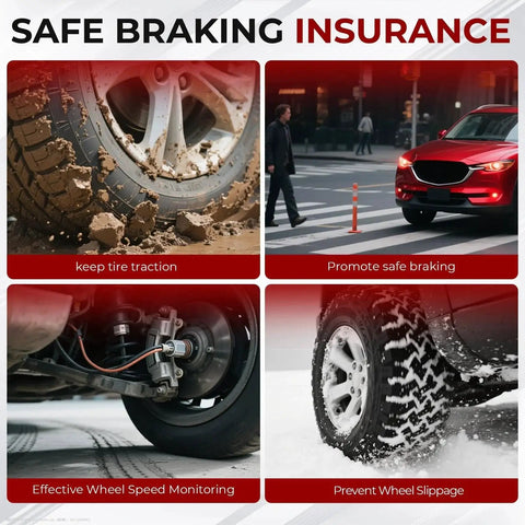 QBselecar ABS wheel speed sensors, four-panel collage: muddy tire, city car, installed brake sensor, snowy tire tread.