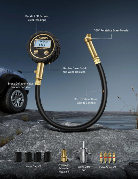 AstroAI tire pressure gauge with backlit display, brass body, 35cm hose; includes 4 valve caps and 4 valve stems