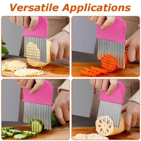Waffle Fry Cutter And Crinkle Cut Knife Set 2 Pack Stainless Steel Wave Blade Potatoes Slicer For Waffle Fries Mushrooms Cheese Veggies Black And Pink Durable Rust Resistant Kitchen Tool in black and pink handle slicing various vegetables.