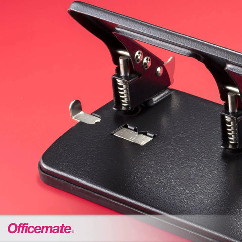 Close-up of 3 Hole Punch for Home Office, Medium Duty, 30 Sheet Capacity with ergonomic handles on a durable metal base, black.