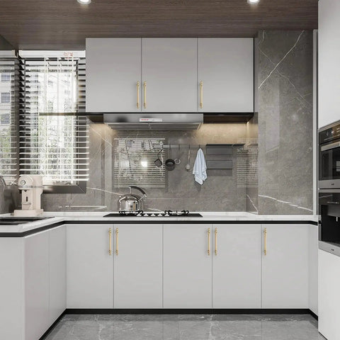 Modern kitchen with 10 Pack 5 Inch Brushed Brass Cabinet Handles 128mm Gold Kitchen Cabinet Pulls on white cabinets.
