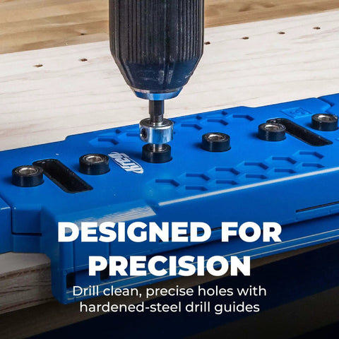 One Quarter Inch Shelf Pin Jig For Cabinets And Furniture With Edge Aligned Precision Hole Drilling Guide And Adjustable Shelf Pin Tool For Even Spacing And Quick Pro Grade Setup in use.