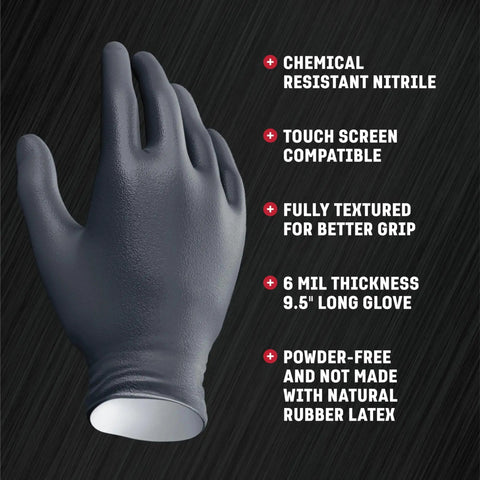 Two Layer 6 Mil Nitrile Gloves Heavy Duty Chemical Resistant Black Textured Grip with key features listed