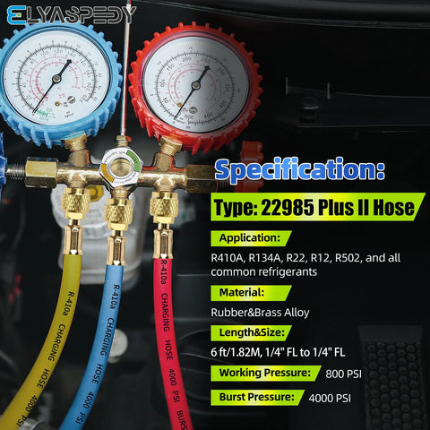 Refrigerant manifold gauge set with brass body, dual gauges, and three color hoses (yellow, blue, red).