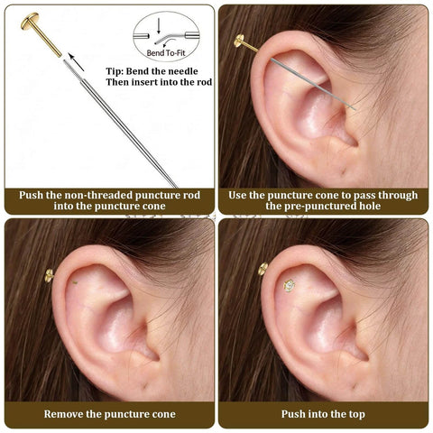Gold Zircon Nose Studs 20 Piece Set Dope Threadless Flat Back Nose Jewelry 18G 20G With Tapered Insertion Pin shown in use on ear
