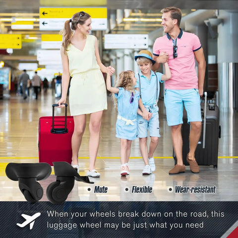 Family smiling with suitcases in airport, highlighting 4 Pack Luggage Replacement Wheels Set with Screws for Suitcase Roller Trolley Casters