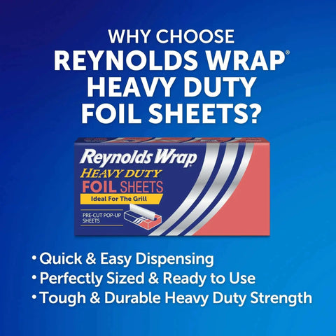 Reynolds Wrap heavy duty foil sheets box with features: easy dispensing, perfectly sized, and durable strength for grilling.