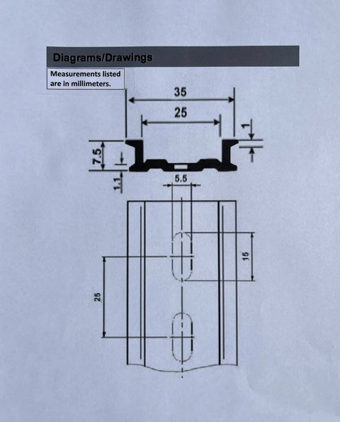 Technical drawing of Rugged Aluminum DIN Rail Slotted RoHS Compliant, 20 Pieces, 6 Inch Long, 35mm Wide, 7.5mm High for industrial use.