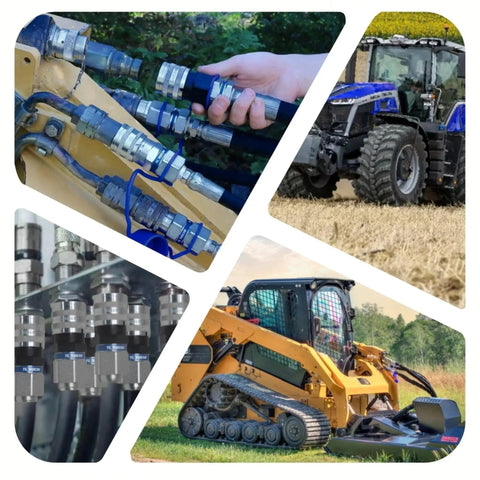 Flat Face Hydraulic Quick Connect Coupler Set For Skid Steer Bobcat Attachments One Half Inch Body With Three Quarter Inch SAE O Ring Boss Thread ISO 16028 Heavy Duty TL22 Blue Dust Caps shown in use on construction and farm equipment.