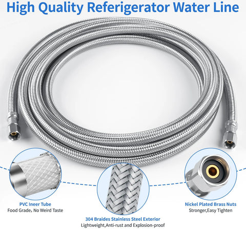 12ft stainless steel braided ice maker water line with 1/4 in fittings; flexible refrigerator supply hose