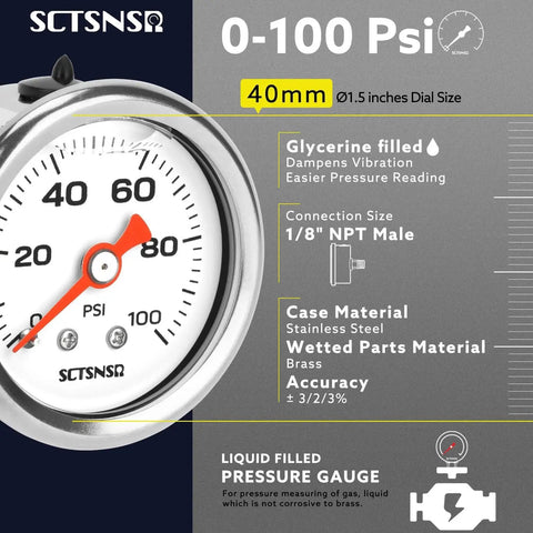 Inline Low Pressure Fuel Gauge For Oil Water And Air With One And A Half Inch Dial Glycerin Filled Stainless Steel Case Back Mount