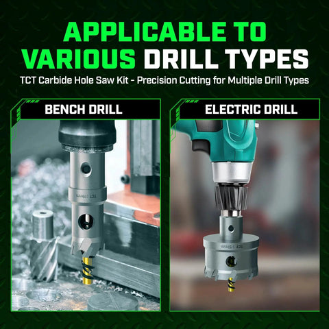 Tungsten Carbide Hole Saw Kit With 22 Pieces for Metal Stainless Steel and Wood on bench and electric drills showing versatility.