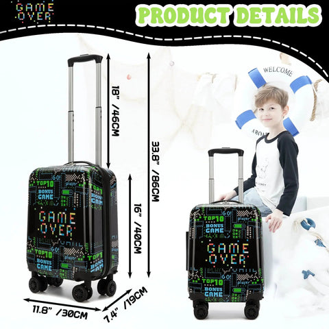 Kids 16 Inch Travel Suitcase Set With Smooth Rolling Spinner Wheels For Boys Carry On Hard Shell Luggage Airline Approved 2 In 1 Gift Pack Includes Neck Pillow Case And Luggage Tag By Homskiii Great Gift For Kids with boy model