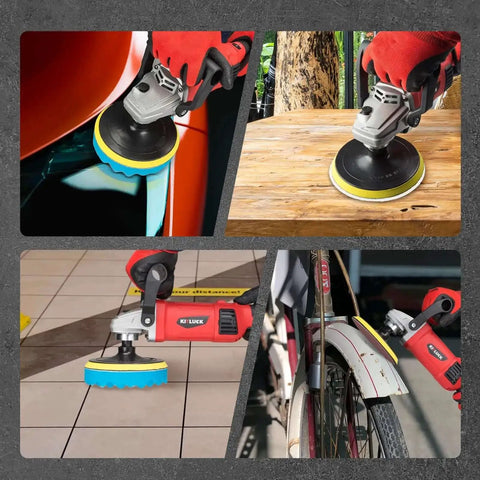 Beast 1400W Rotary Car Polisher with 6 and 7 Inch Pads used for car, wood, tile, and bike detailing, includes foam and wool pads.
