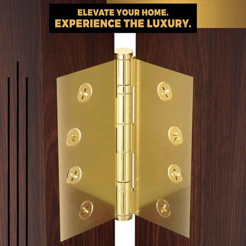 Close-up of Beefy Solid Brass Door Hinges, Heavy Duty Ball Bearing, Polished Tarnish Aged Patina Gold on wooden door