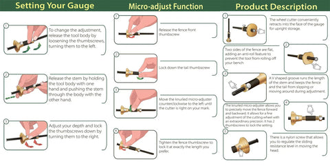 Setup and usage guide for Pro Grade 7 Inch Brass Wheel Marking Gauge Kit With Anti Roll Fence, Micro Adjuster, Metric and Imperial Ruler.