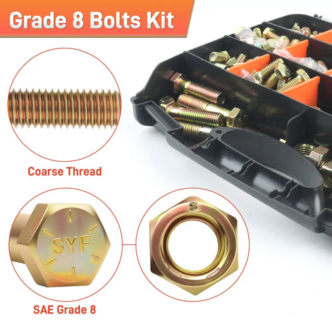 Heavy Duty Grade 8 Bolts And Nuts Set With Case, SAE Hex Bolts And Washers, Multi Size 1/4-20 5/16-18 3/8-16 1/2-13, open kit view