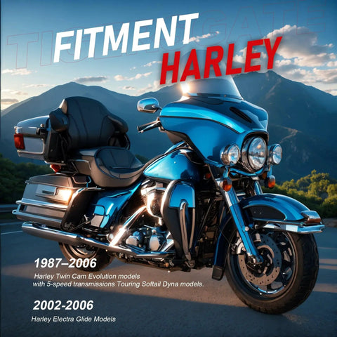 Harley-Davidson touring motorcycle, blue with chrome accents, front-side view on mountain road.