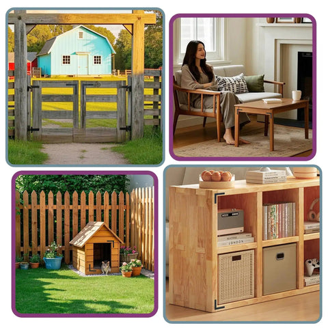 Collage featuring farm gate, woman on sofa, garden scene, and wooden shelf with Beefy Flat L Brackets for wood furniture 6x6 inch stainless steel mending plates matte black finish.