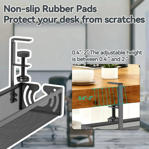 Close-up of No-Drill Under Desk Cable Tray Organizer with clamp mount, black metal wire for desks up to 2 inches.