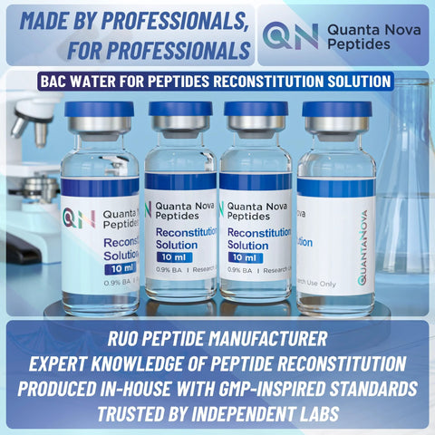 Reconstitution Solution set: four 10 mL sterile glass vials with blue caps, 0.9% BA, Quanta Nova Peptides label