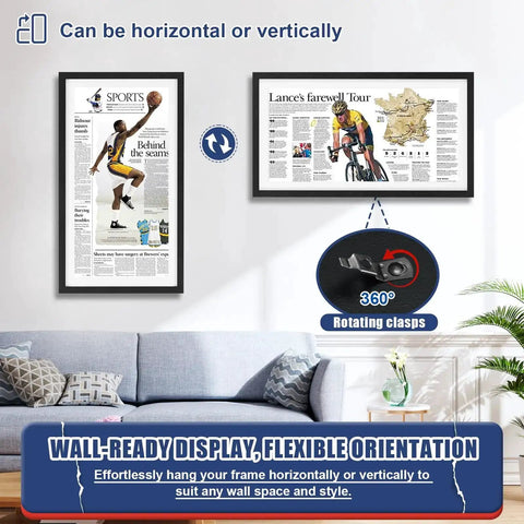 Newspaper Display Frame with Premium Wood and Acrylic Panel, shown mounted horizontally and vertically in living room setting.