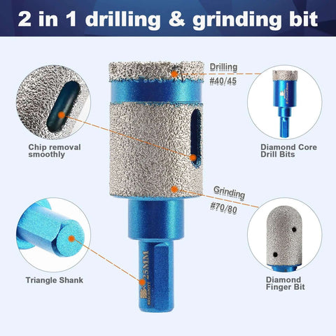 2 Pack 1 Inch Diamond Core Drill Bit And Diamond Finger Milling Bit Set With Triangle Shank, shown with labeled features