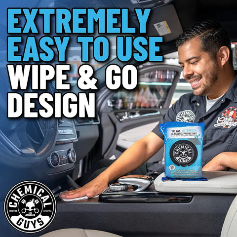 Man using Total Interior Cleaner And Protectant Wipes Mega 50 Pack For Cars Trucks SUVs Motorcycles RVs And More Safe Easy Clean Up No Mess For All Surfaces By Chemical Guys to clean dashboard in car interior.