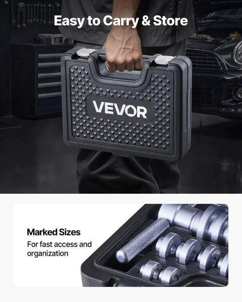 Person holding a black case containing a Bicycle Bearing Press Kit For Wheel And Hub Installation With Bushings and Wrenches 25-Piece Set.