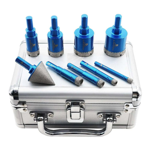 Dry Diamond Core Drill Bit Set For Tile And Stone Pro Grade By BRSCHNITT on silver case, includes chamfer and various bit sizes.
