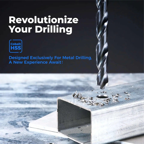 Pro Cobalt Drill Bit Set For Metal And Steel With TiAlN Coating And Bullet Point Tips in action on metal surface