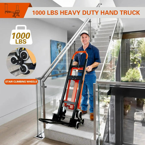 Man using Three In One Industrial Convertible Hand Truck with 1000 lbs capacity and stair climbing wheels on stairs at home.