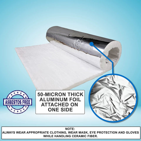 Ceramic fiber blanket with aluminum foil facing from SIMOND STORE, 1/2 in x 24 in x 36 in, 6# density insulation.