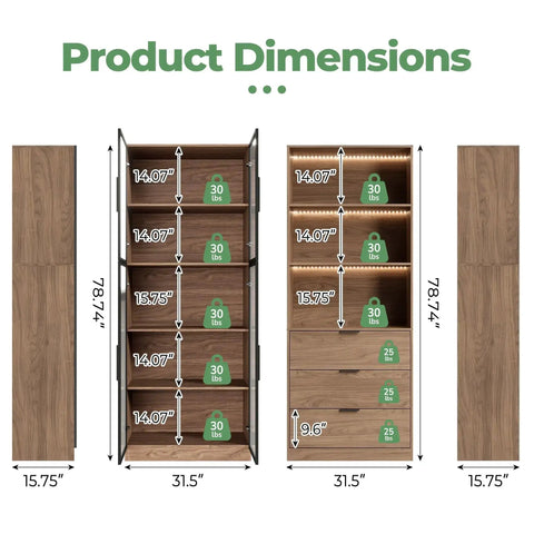 Product dimensions for Walnut Display Cabinet With Glass Doors And Three Drawers App Controlled LED Lights Tall Bookcase Storage