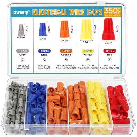 350-piece wire connector cap kit with 100 gray, 100 blue, 70 orange, 50 yellow, and 30 red caps in a clear plastic storage case.