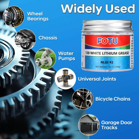 Image of a 3.5 oz jar of white lithium grease labeled for use on wheel bearings, chassis, water pumps, universal joints, bicycle chains, and garage door tracks.