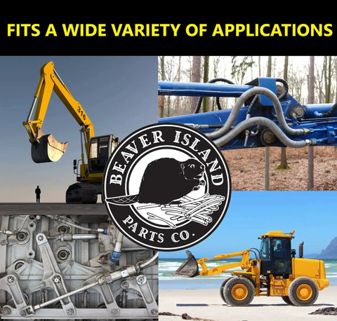 Collage showing excavators, hydraulic system, and machinery with Beaver Island Parts Co. logo.