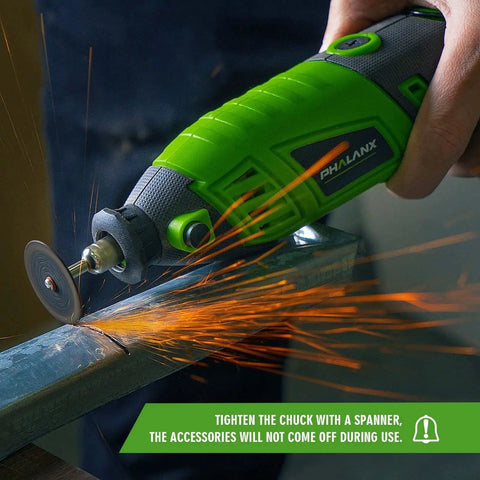 Powerful 180W Rotary Tool Kit With Flex Shaft Six Variable Speeds From 8000 To 32000 RPM 139 Piece Accessories Set Ideal For Crafting Projects And DIY Creations in use cutting metal with sparks.