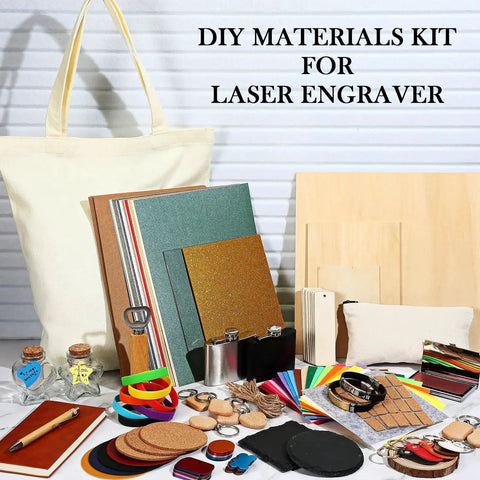 Your Go To All In One 257 Piece Laser Material Kit For Engraving And Cutting With 26 Materials Including Acrylic Metal Wood Fabric PU Leather Glass Rock And Rubber For Laser Engravers And Cutters displayed with various materials.