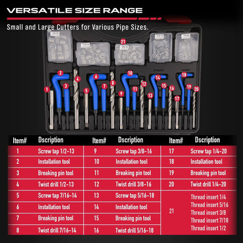 Thread Repair Kit 320-Piece Universal Metric SAE Rethread Tool Set For Engines with taps, drills, and installation tools in case.