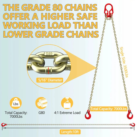 WowDIY lifting chains with adjustable hooks, 5/16 in x 10 ft, G80 steel, two-leg chain sling, 7000 lb total capacity.