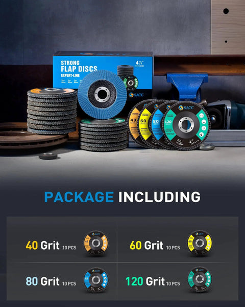 20 Pack 4.5 Inch Abrasive Flap Discs For Angle Grinder With 40 60 80 120 Grits High Density Zirconia Bevel Type Sanding Discs displayed