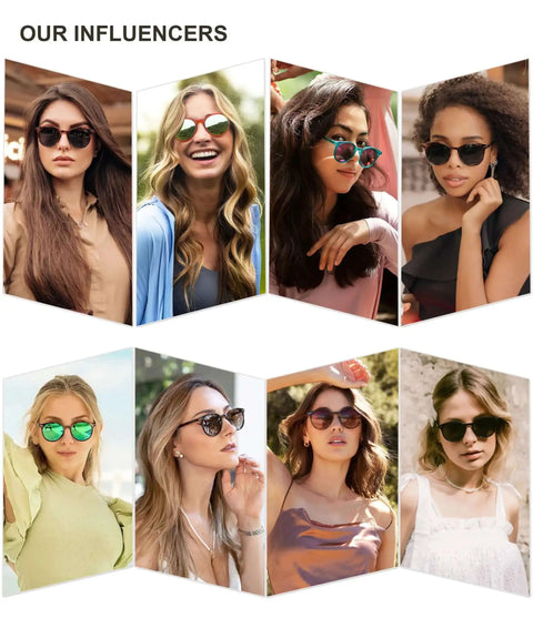 Collage of women wearing small round polarized sunglasses for men and women, vintage style UV400 lenses, lightweight frame in tortoise and grey.