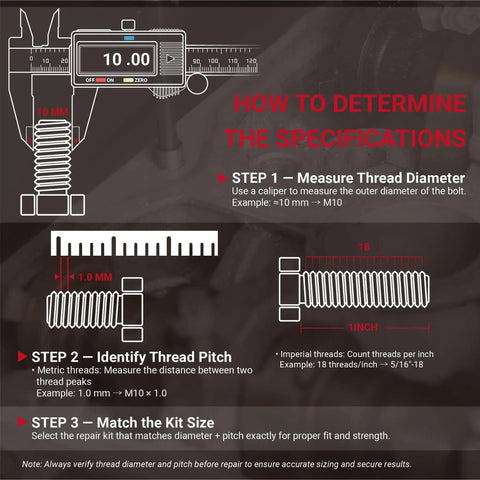 Instructions for determining specifications of 3/8-16 Helicoil Thread Repair Kit with HSS Drill Bit using a caliper to measure thread diameter and pitch.